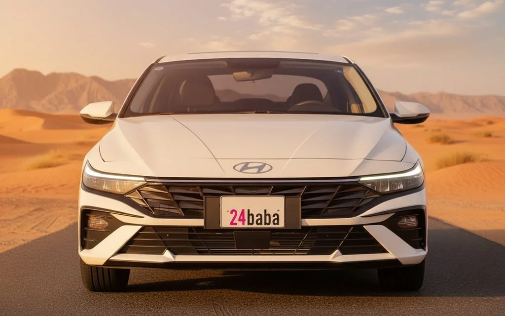 Hyundai Elantra 2024 White front view with headlights – rental in Dubai
