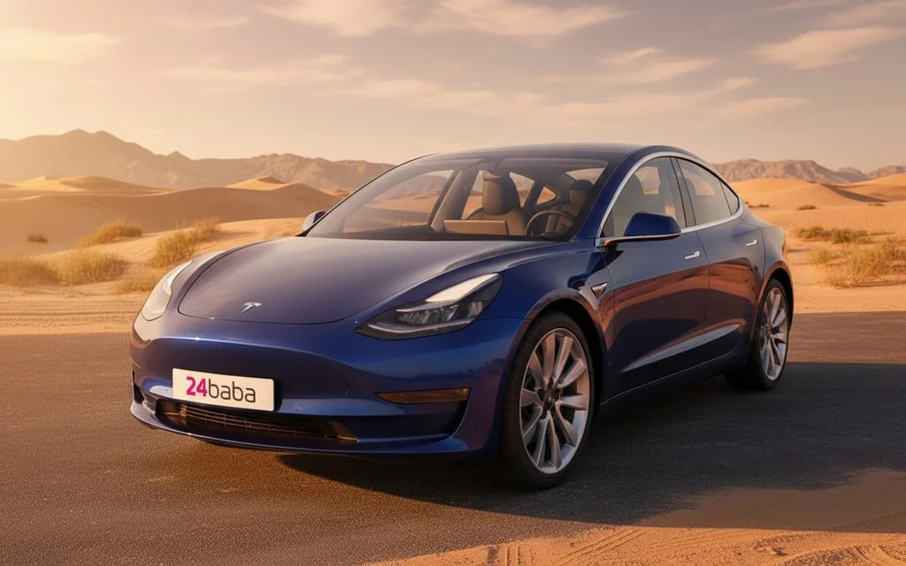 Tesla Model3 2021 Blue front view with headlights