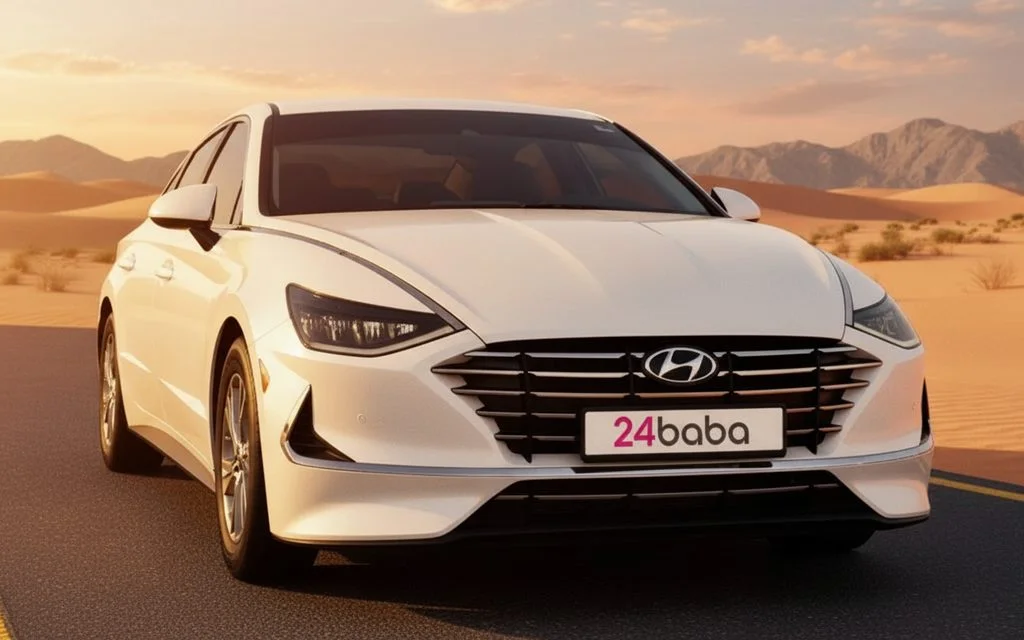 Hyundai Sonata 2021 White front view with headlights – rental in Dubai