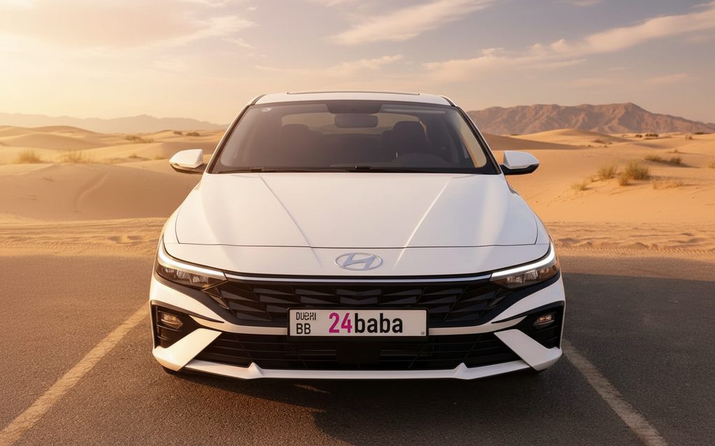 Hyundai Elantra 2025 White front view with headlights – rental in Dubai