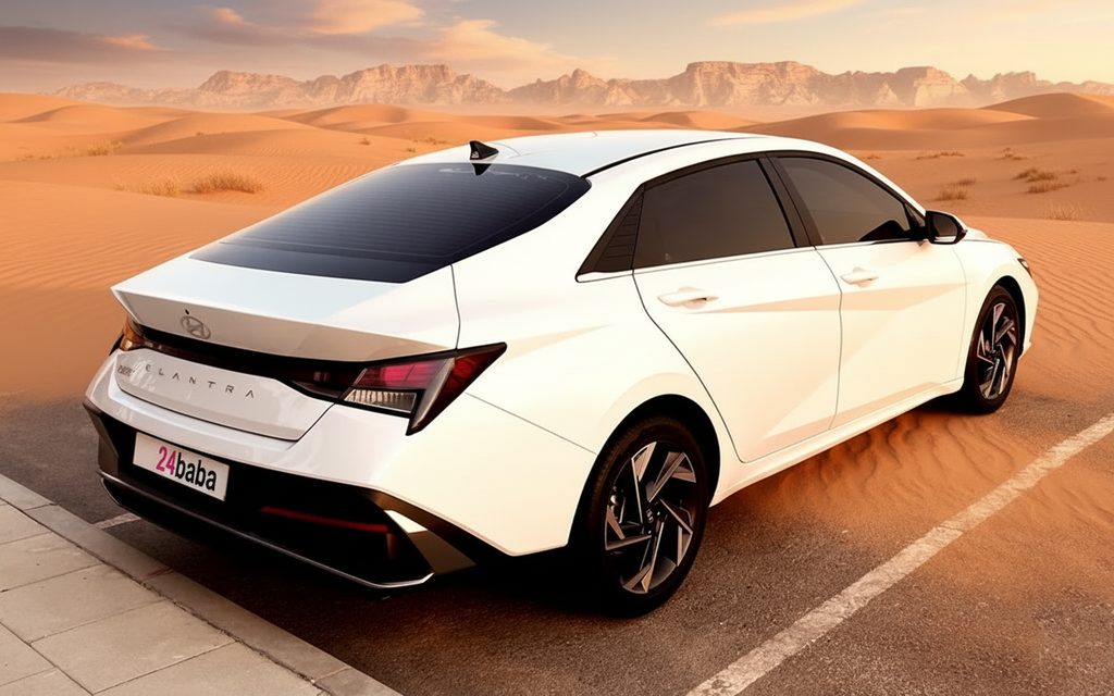 Hyundai Elantra 2025 White rear view showing taillights – rental in Dubai