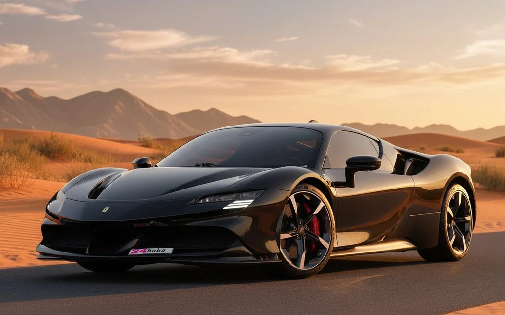 Ferrari Sf 90 2021 Black front view with headlights – rental in Dubai