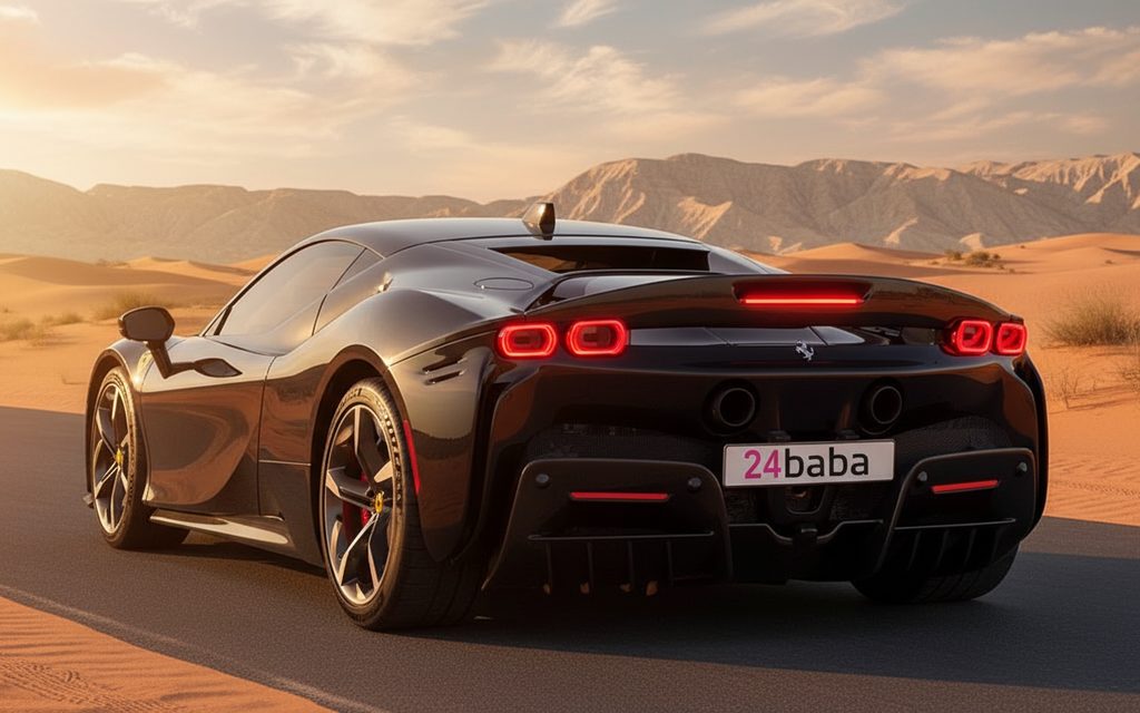 Ferrari Sf 90 2021 Black rear view showing taillights – rental in Dubai