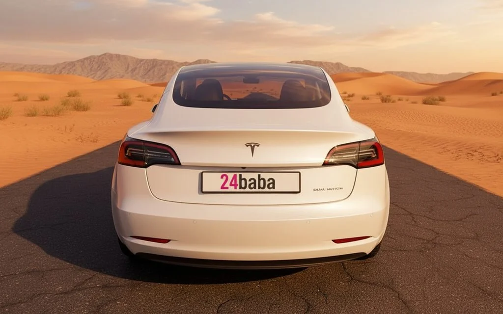 Tesla Model3 2020 White rear view showing taillights