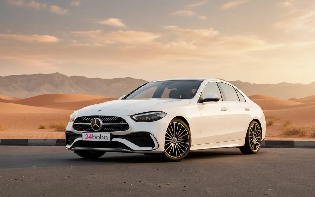 Mercedes C200 2024 White front view with headlights