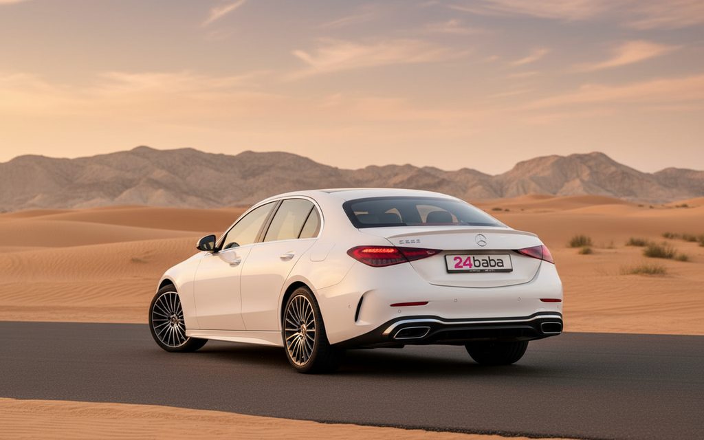 Mercedes C200 2024 White rear view showing taillights