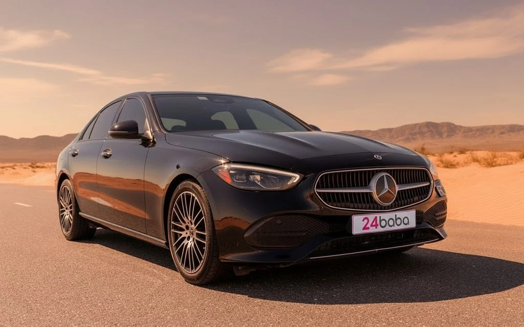 Mercedes C300 2022 Black front view with headlights