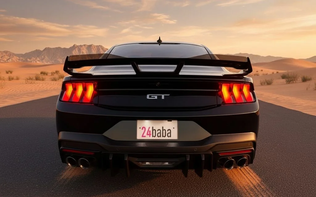 Ford Mustang 2024 Black rear view showing taillights – rental in Dubai