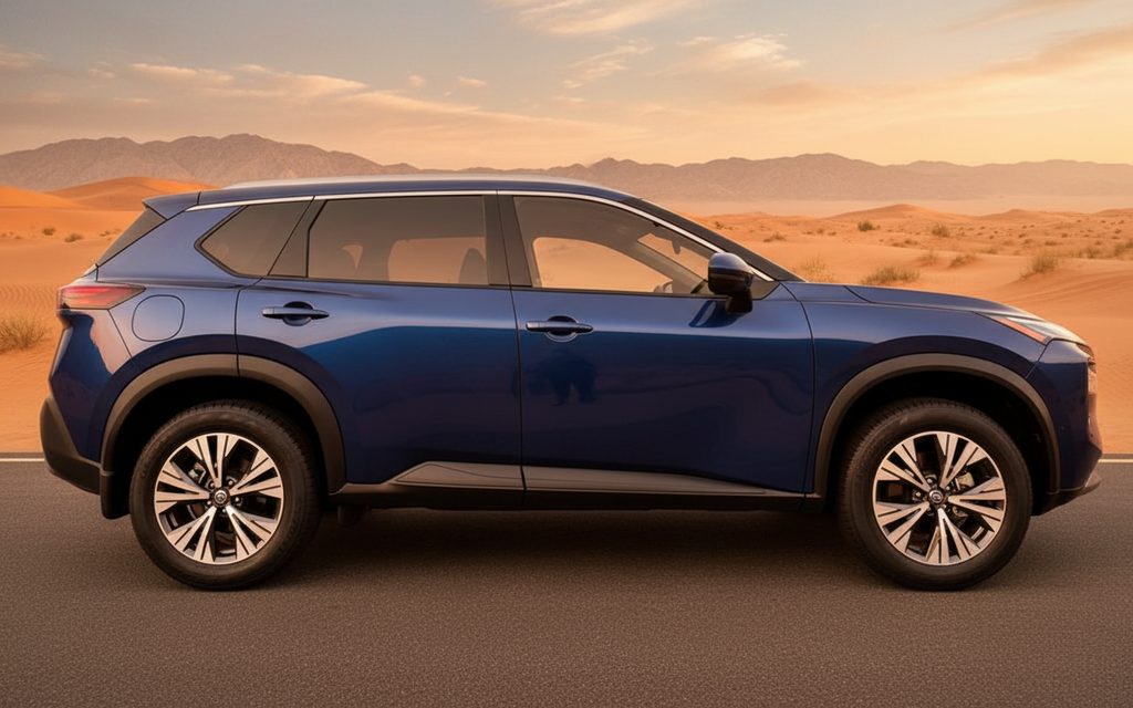 Nissan Rogue 2021 Blue side profile – rental in Dubai