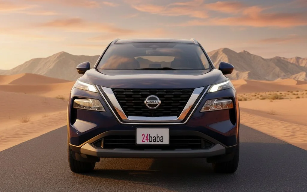 Nissan Rogue 2021 Blue front view with headlights – rental in Dubai