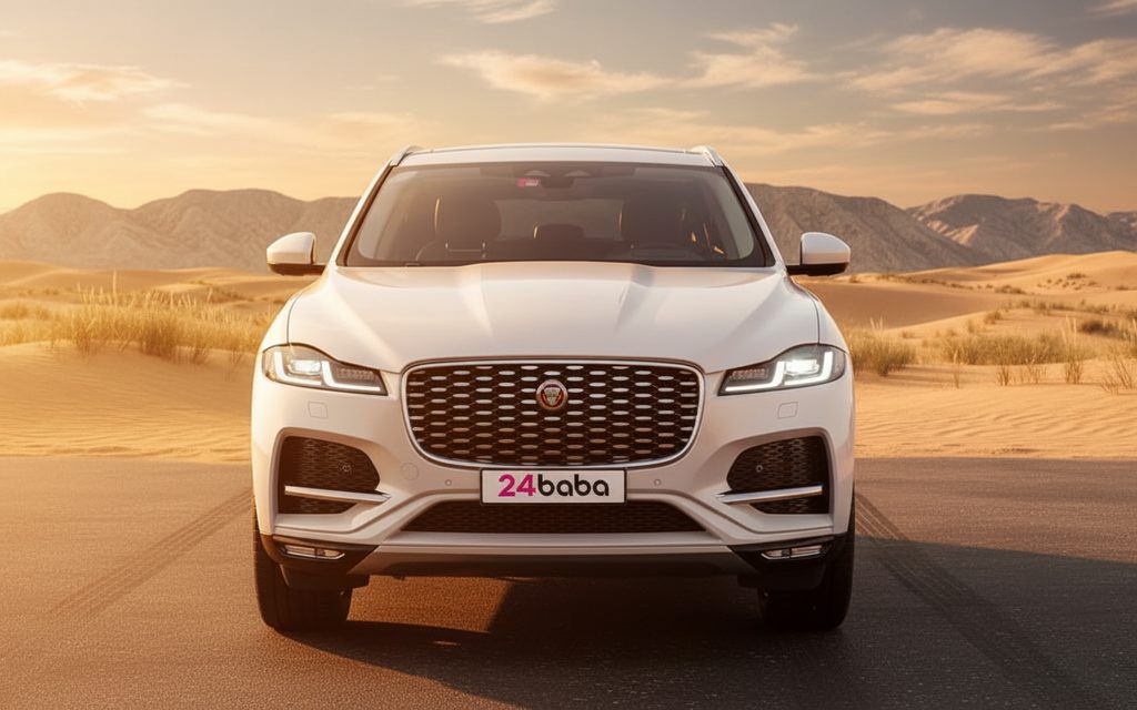 Jaguar E Pace 2022 White front view with headlights – rental in Dubai