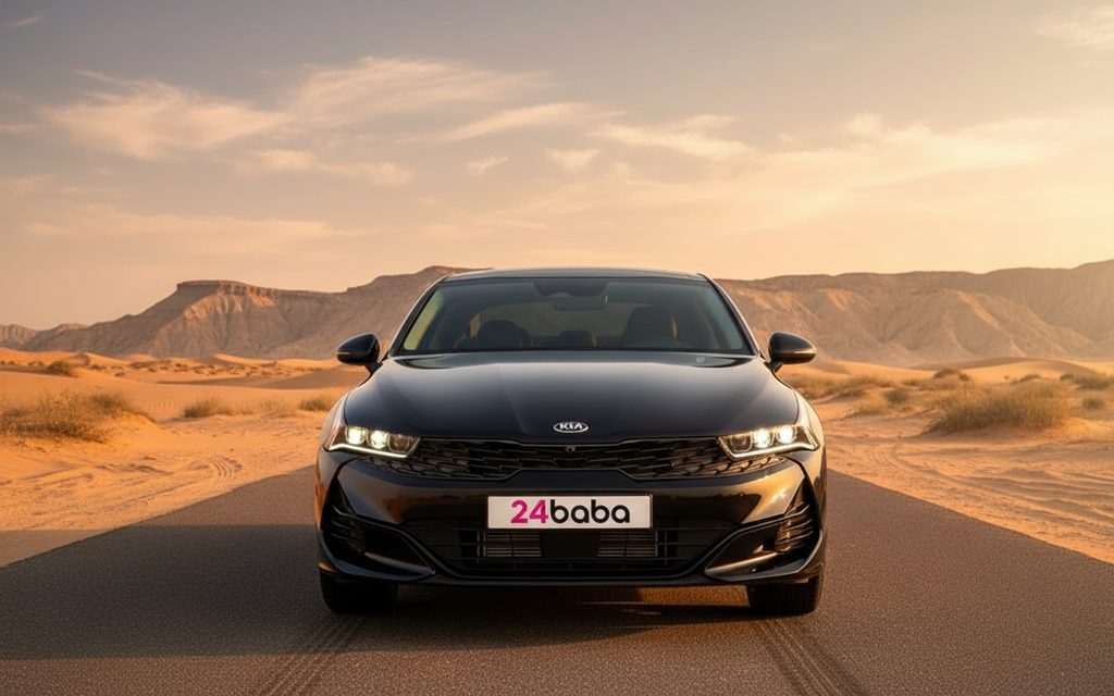 Kia K5 2023 Black front view with headlights