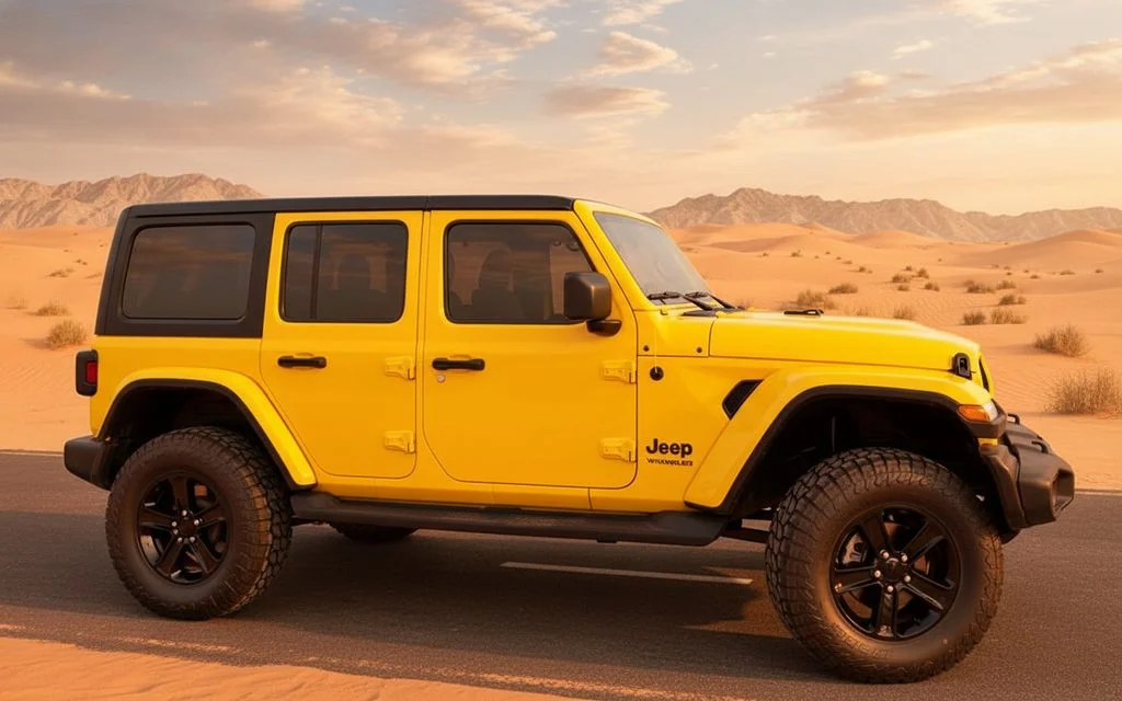Jeep Wrangler 2021 Yellow side profile – rental in Dubai