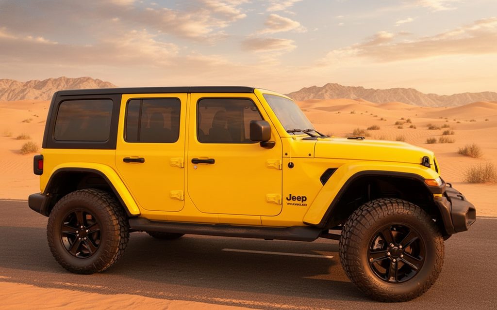 Jeep Wrangler 2021 Yellow side profile – rental in Dubai