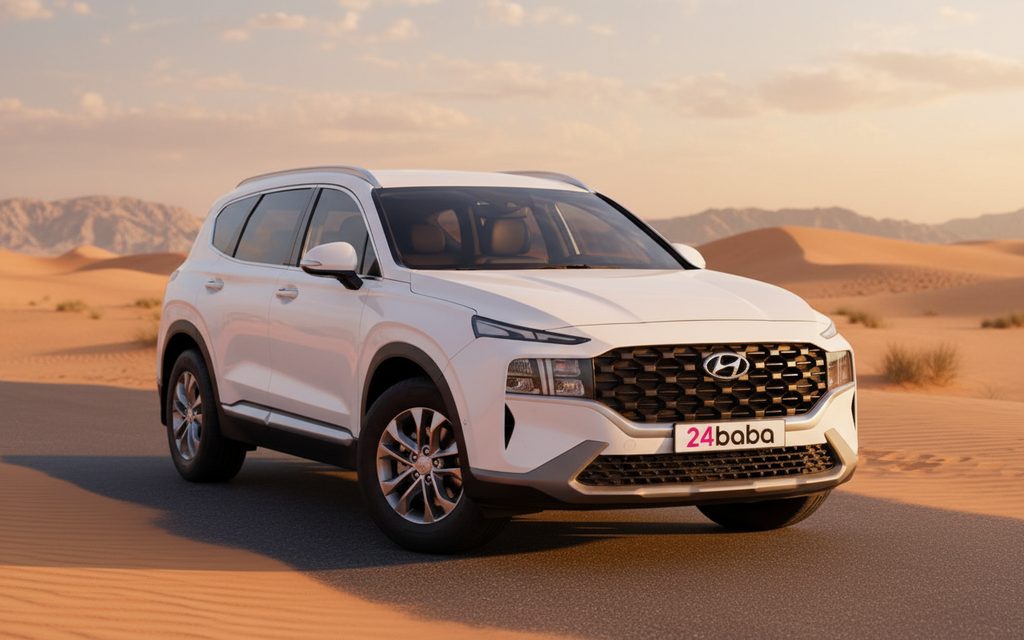 Hyundai SantaFe 2023 White front view with headlights – rental in Dubai