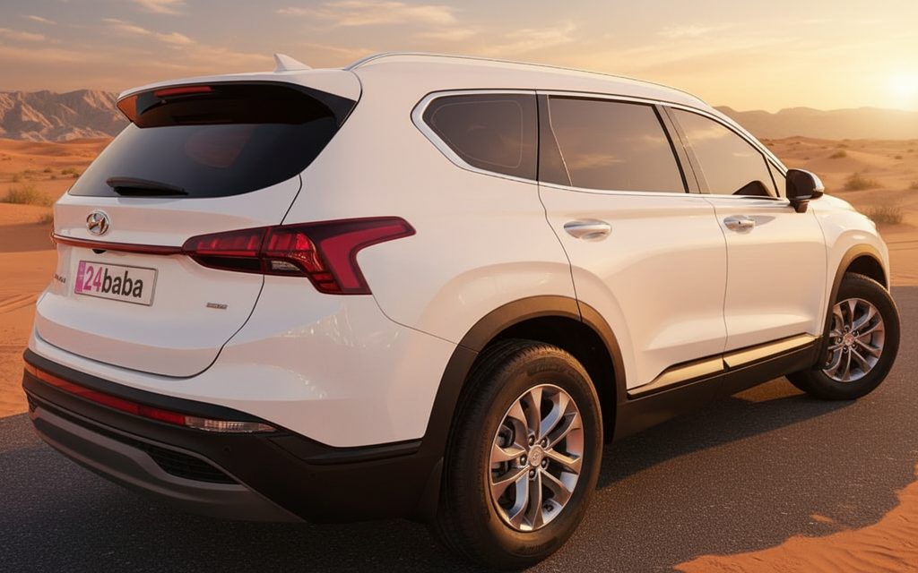 Hyundai SantaFe 2023 White rear view showing taillights – rental in Dubai