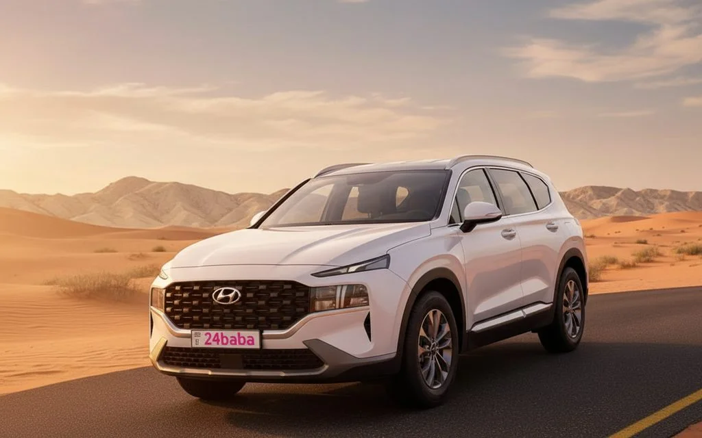 Hyundai SantaFe 2022 White front view with headlights – rental in Dubai