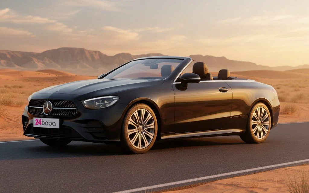 Mercedes E200 2023 Black front view with headlights