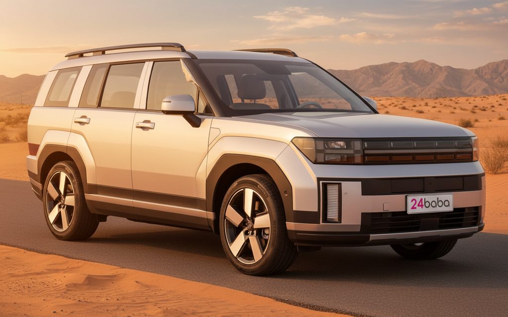 Hyundai SantaFe 2024 Silver front view with headlights – rental in Dubai