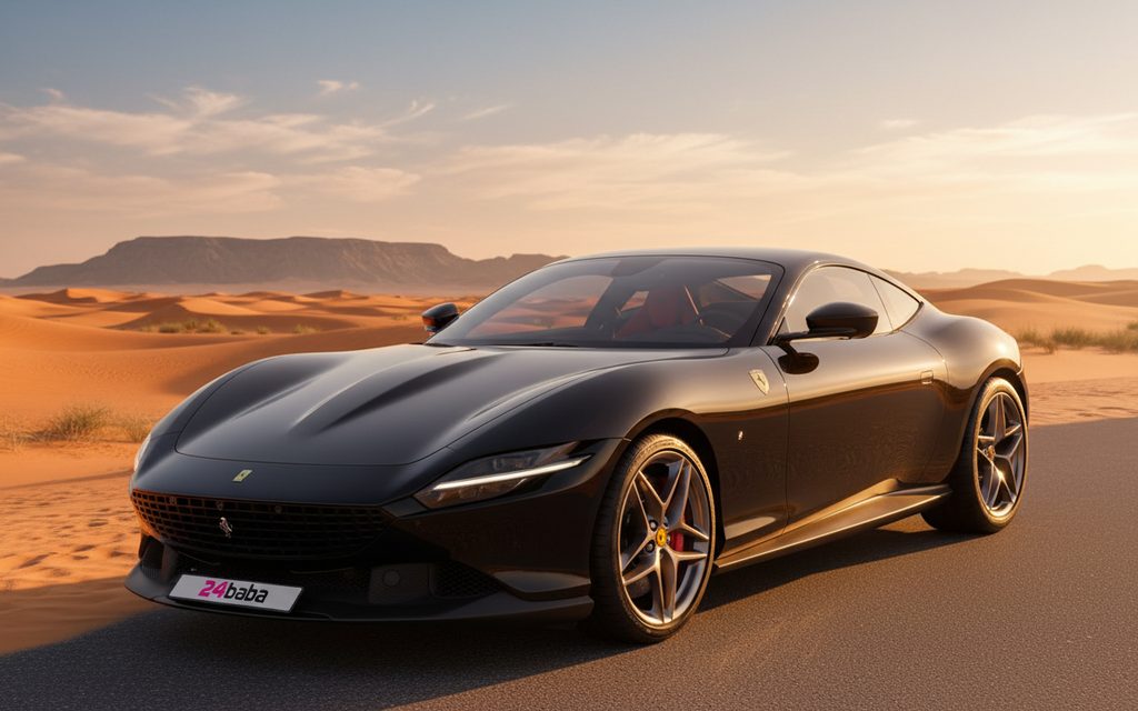 Ferrari Roma 2021 Black front view with headlights – rental in Dubai