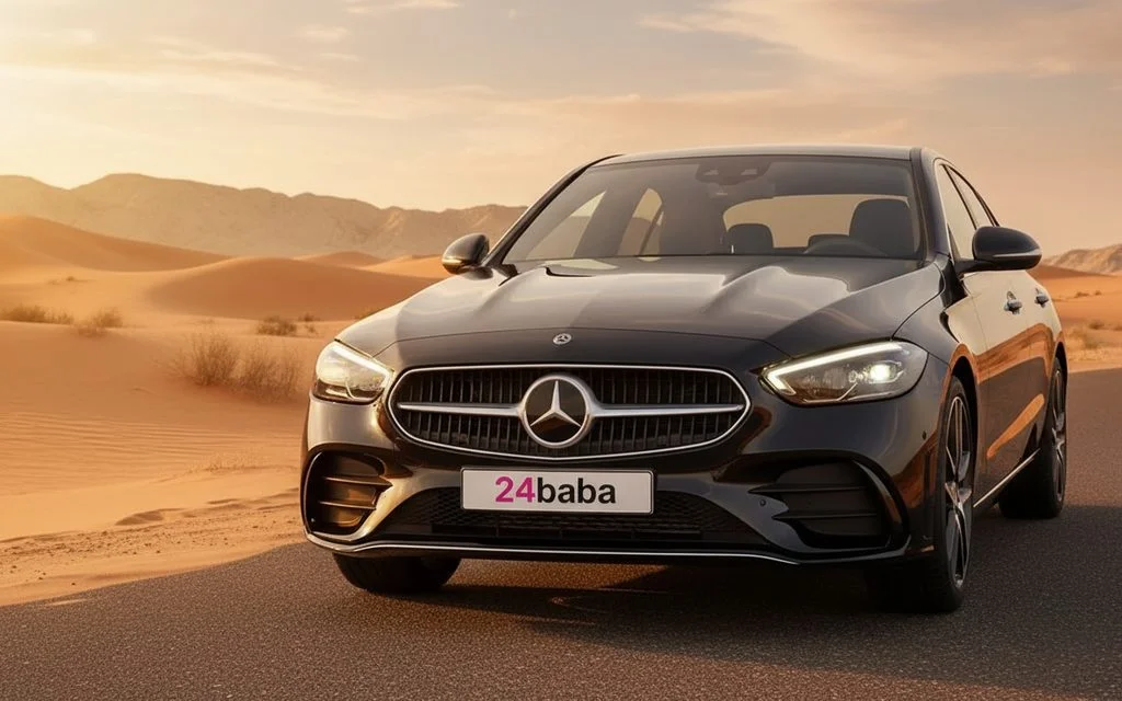 Mercedes C200 2024 Black front view with headlights