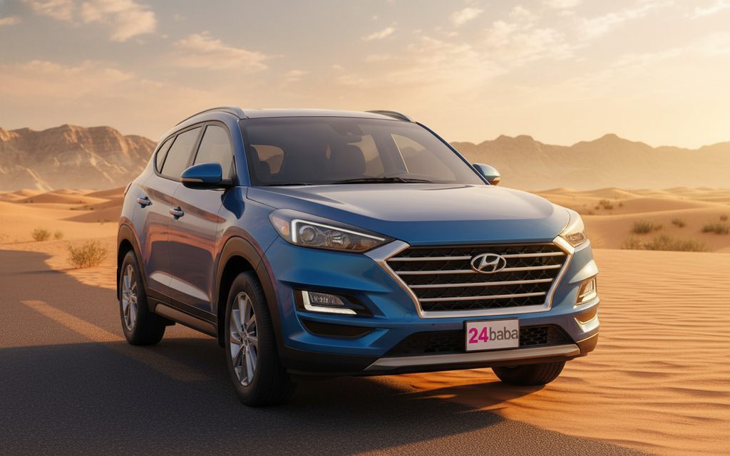 Hyundai Tucson 2021 Blue front view with headlights – rental in Dubai