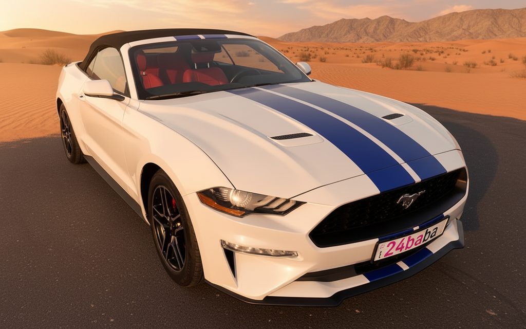 Ford Mustang 2022 White front view with headlights – rental in Dubai