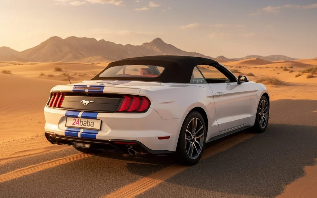 Ford Mustang 2022 White rear view showing taillights – rental in Dubai