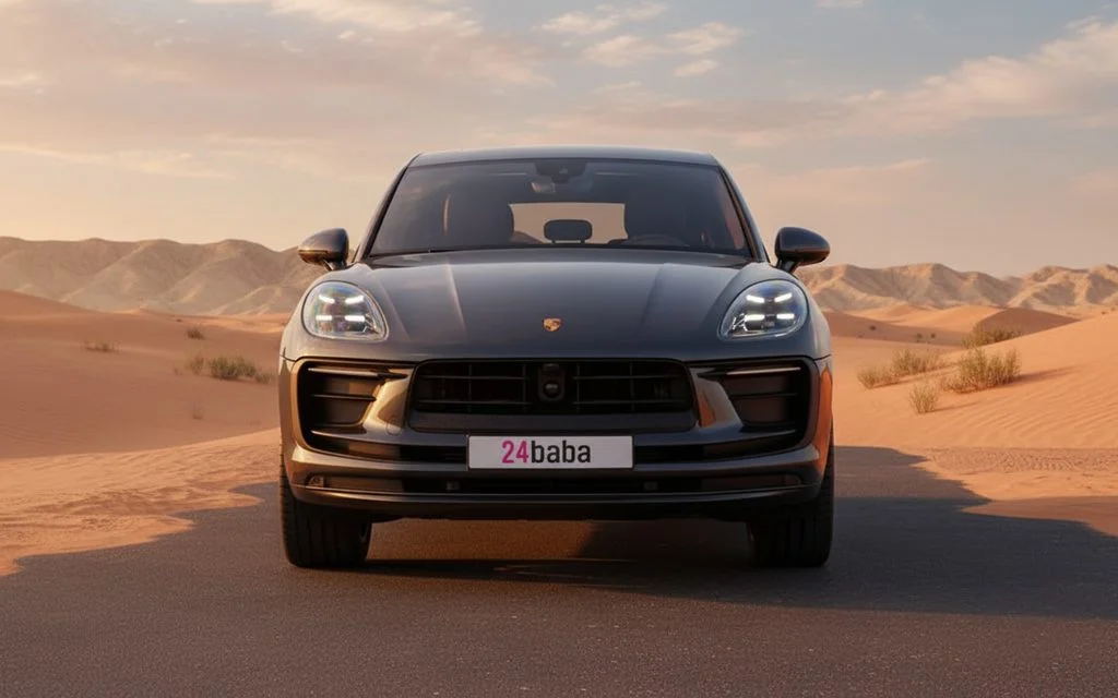 Porsche Macan 2024 Grey front view with headlights