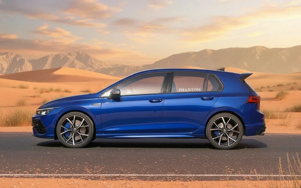 Volkswagen Golf R 2024 Blue side profile – rental in Dubai
