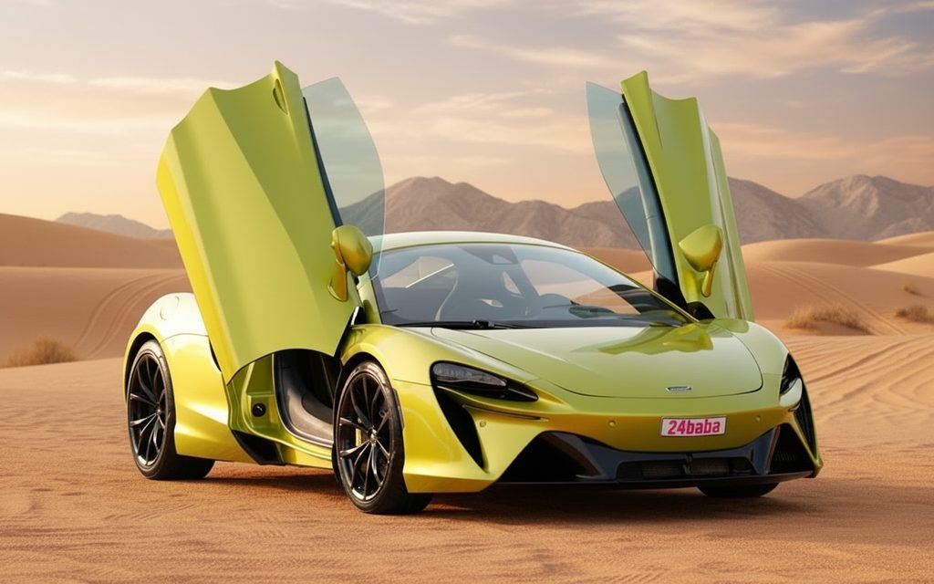 Mclaren Artura 2025 Yellow front view with headlights