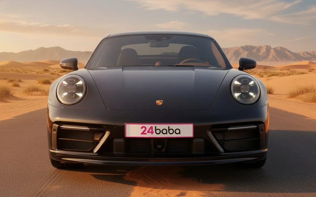 Porsche 911 2022 Black front view with headlights