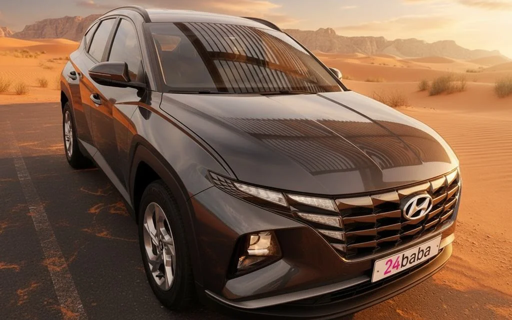 Hyundai Tucson 2023 Dark Gray front view with headlights – rental in Dubai