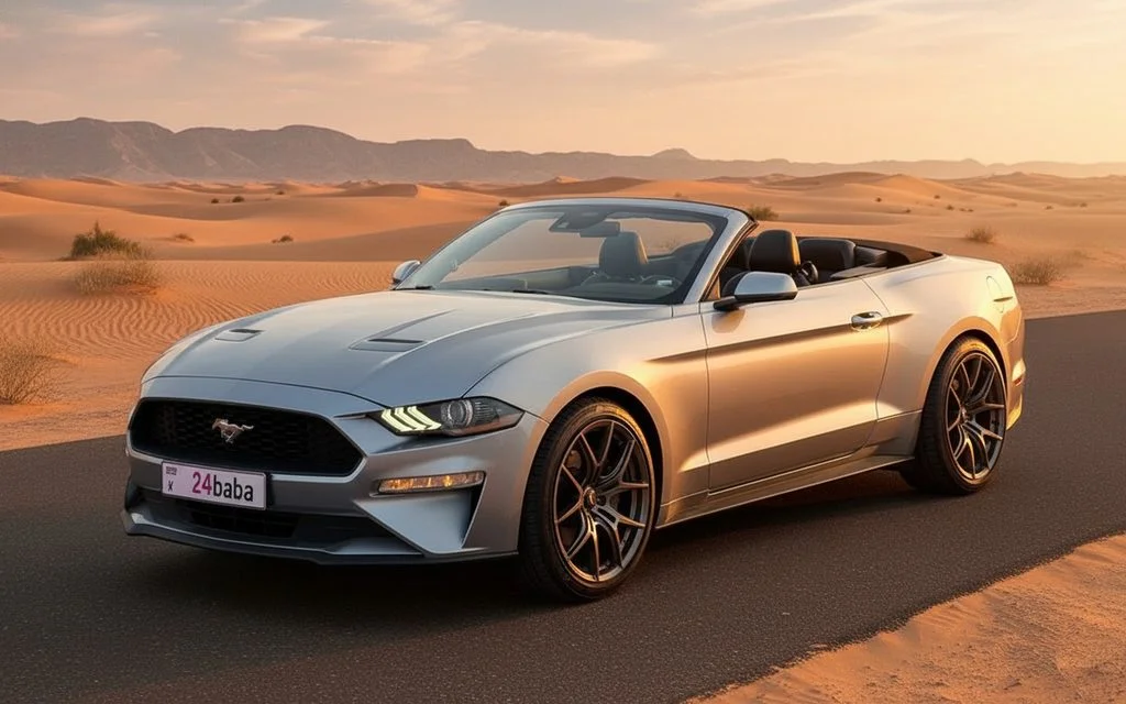 Ford Mustang 2023 Silver front view with headlights – rental in Dubai