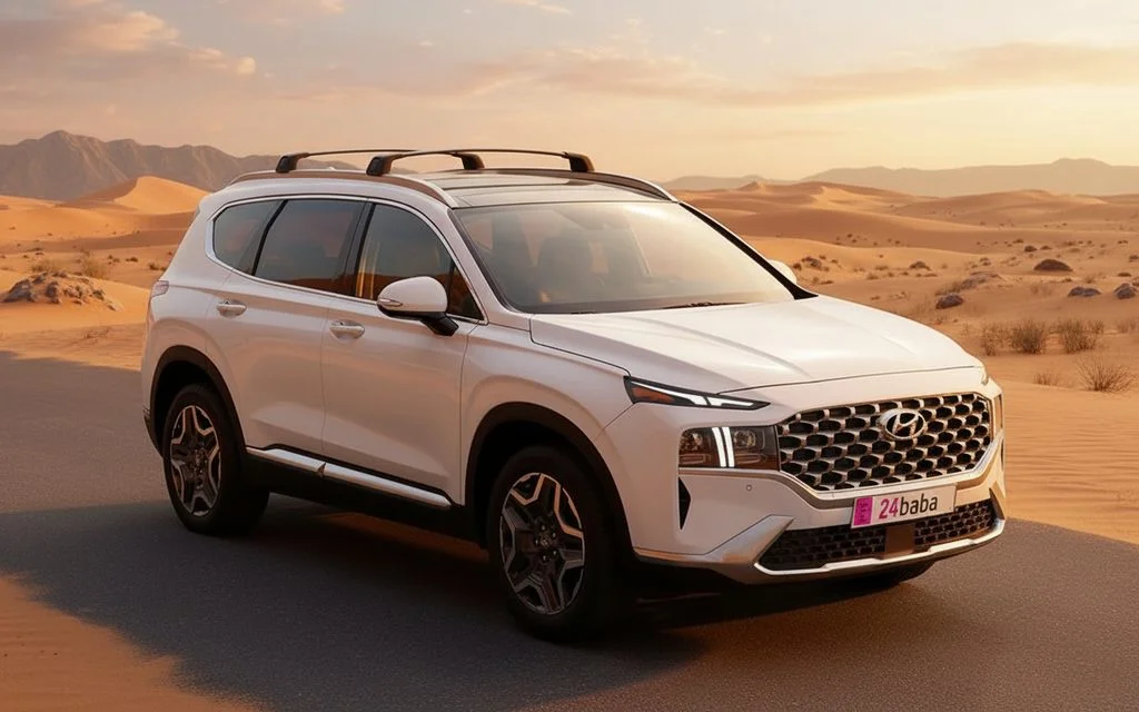Hyundai SantaFe 2022 White front view with headlights – rental in Dubai