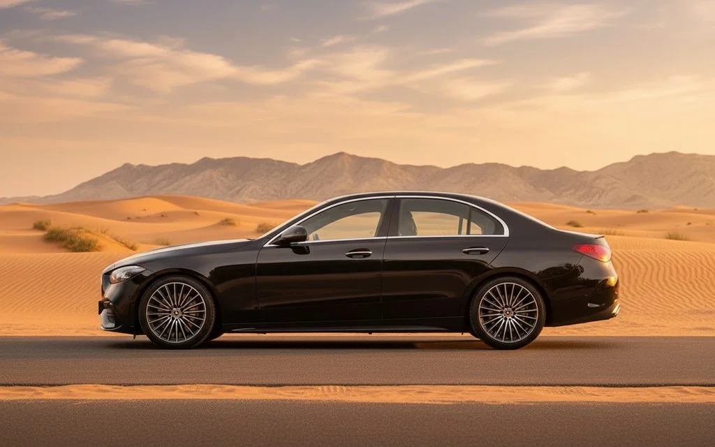 Mercedes C200 2024 Black side profile – rental in Dubai