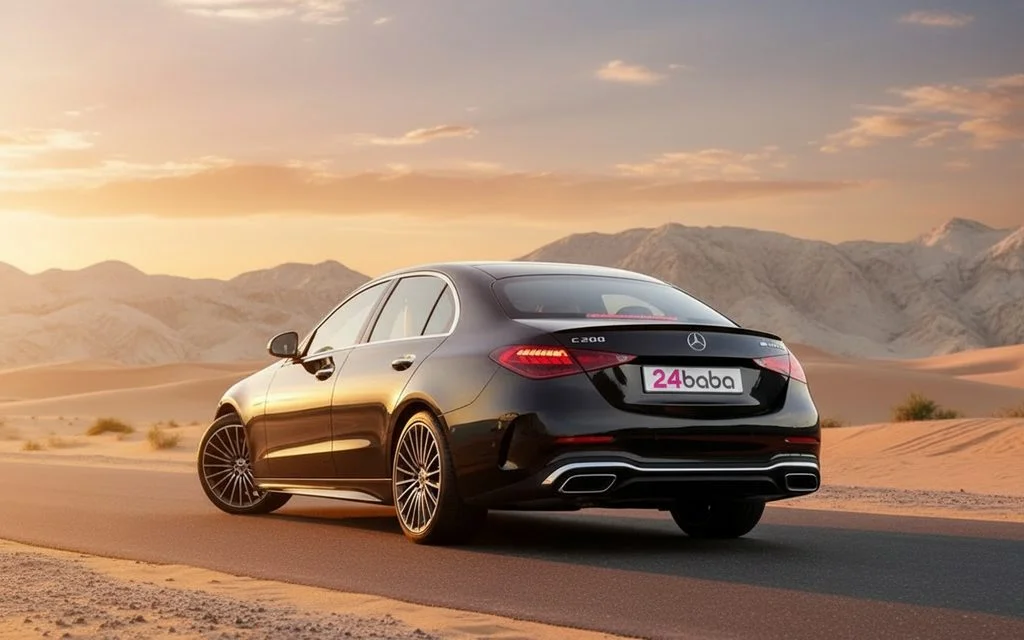 Mercedes C200 2024 Black rear view showing taillights – rental in Dubai