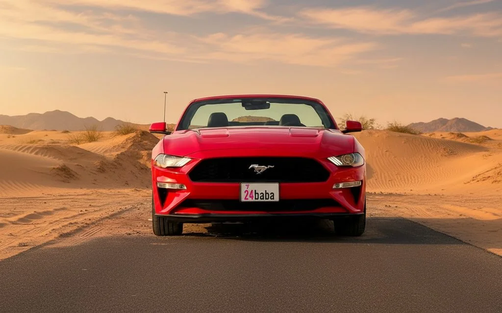 Ford Mustang 2021 Red front view with headlights – rental in Dubai