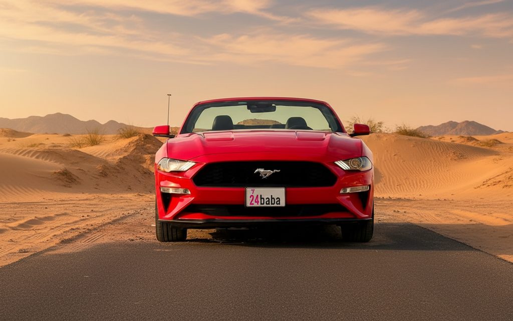 Ford Mustang 2021 Red front view with headlights – rental in Dubai