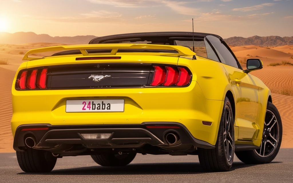 Ford Mustang 2022 Yellow rear view showing taillights – rental in Dubai