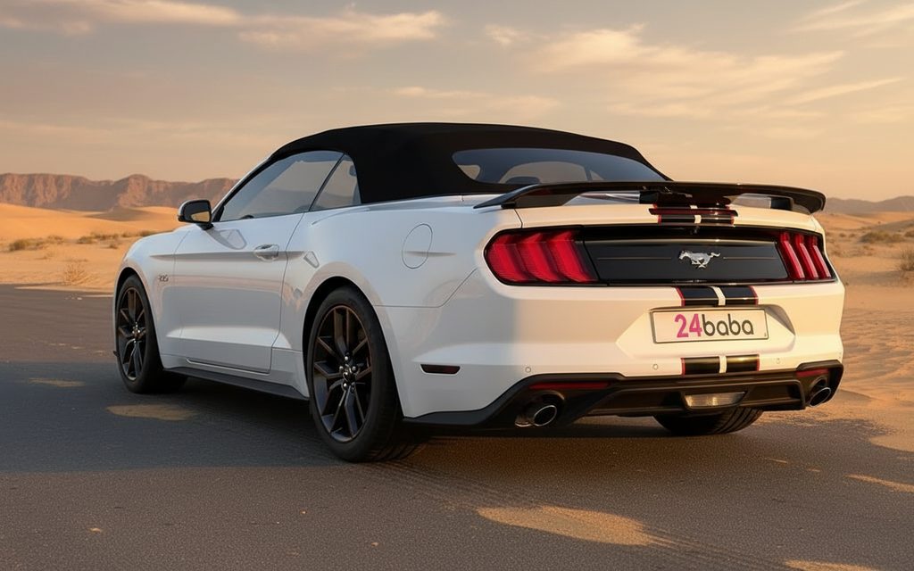 Ford Mustang 2022 White rear view showing taillights – rental in Dubai