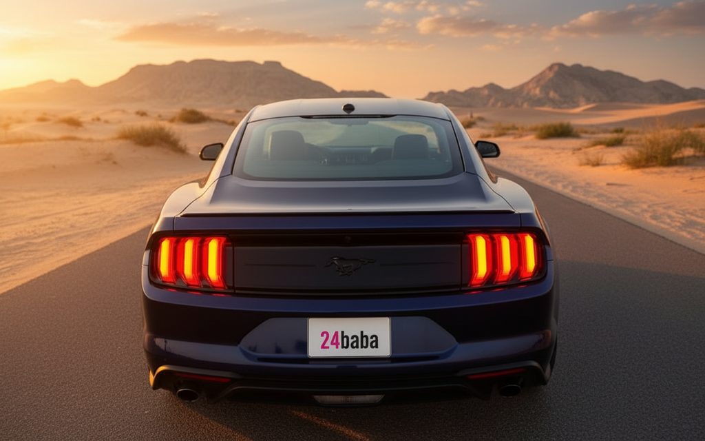 Ford Mustang 2020 Blue rear view showing taillights – rental in Dubai