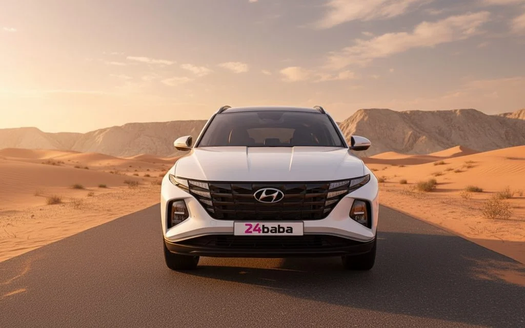 Hyundai Tucson 2022 White front view with headlights – rental in Dubai