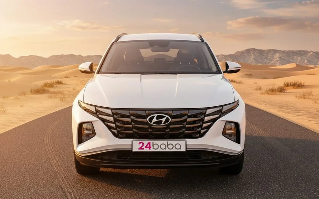 Hyundai Tucson 2022 White front view with headlights – rental in Dubai