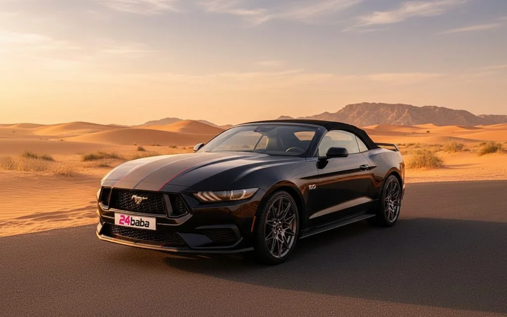 Ford Mustang 2024 Black front view with headlights – rental in Dubai