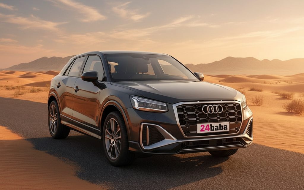 Audi Q2 2025 Black front view with headlights – rental in Dubai
