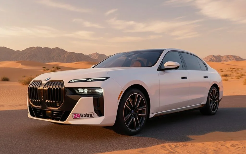 Bmw 740 2024 White front view with headlights