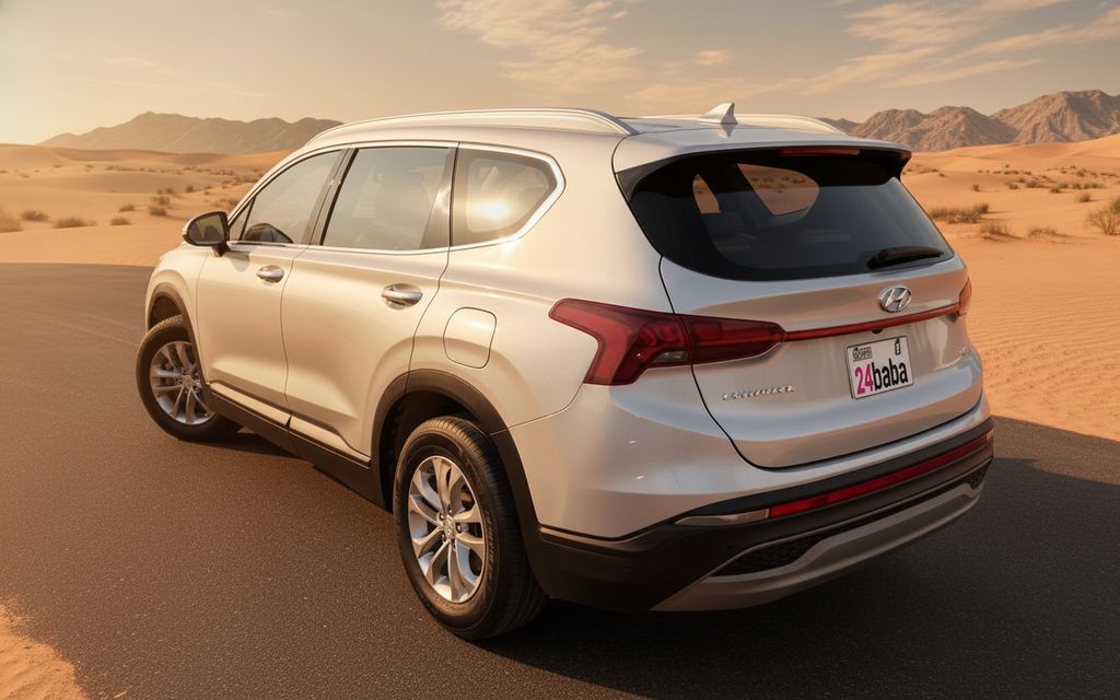 Hyundai SantaFe 2022 Silver rear view showing taillights – rental in Dubai