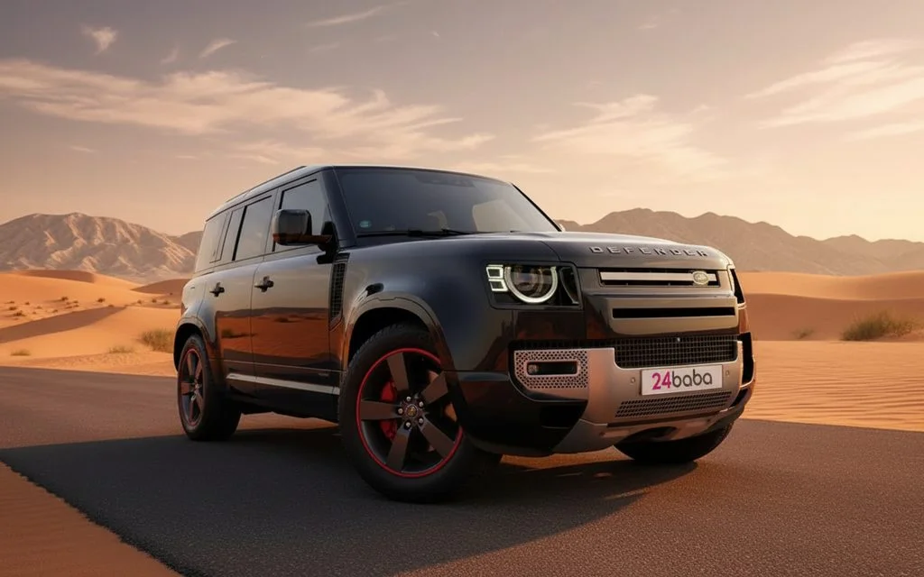 LandRover Defender 2023 Black front view with headlights