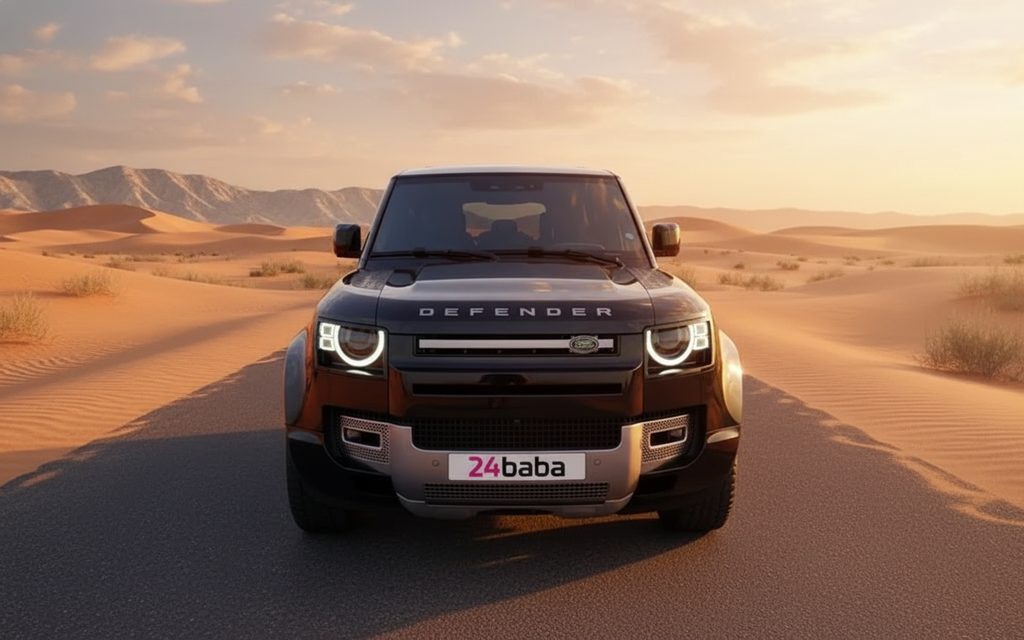 LandRover Defender 2023 Black front view with headlights